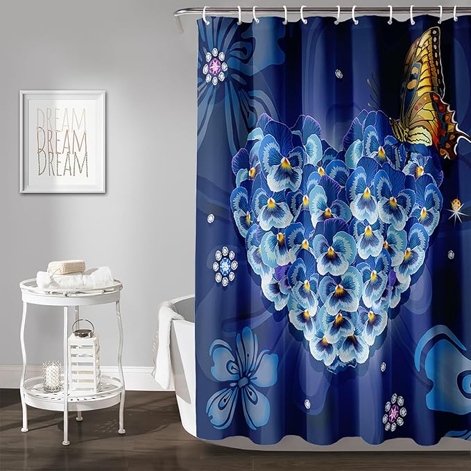 AILONEN Blue Floral Shower Curtain for Girls,Beautiful Butterfly Heart Flower Bath Curtain for Bathroom,Blue Print Polyester Waterproof with 12 Plastic Hooks,36" W*72" H Blue