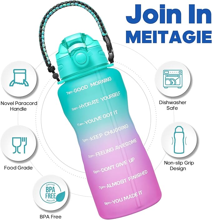 Water Bottles 1 / Half Gallon with Time Marker and Straw, Large Fitness Sports Motivational Bottle, Wide Mouth Leakproof and BPA Free for Travel, Gym,office,school