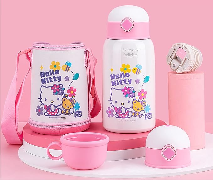 Everyday Delights Sanrio Hello Kitty Stainless Steel Insulated Water Bottle Double Covers with Cup, Straw and Bag White 600ml