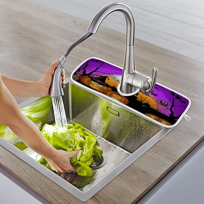 Happy Halloween Purple Faucet Sink Mat for Kitchen 2 Pack Spooky Ghost Pumpkin Bat Witch Bathroom Drying Mat Absorbent Splash Water Catcher Mats Microfiber Cloth Drip Protector Splash Pad 23x5 Inches