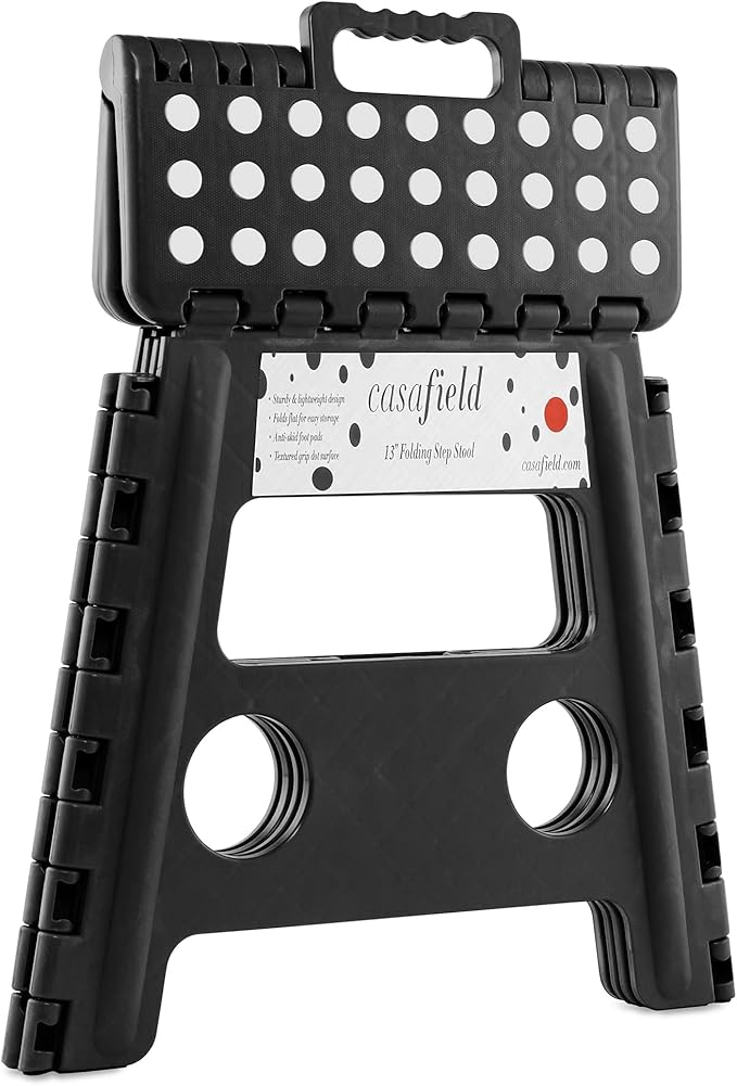 Casafield 13" Folding Step Stool with Handle, Black - Portable Collapsible Small Plastic Foot Stool for Adults - Use in The Kitchen, Bathroom and Bedroom