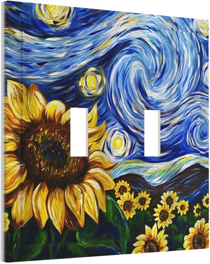 Vintage Abstract Blue Starry Sunflower Double Toggle Light Switch Covers 2 Gang Wall Plate Dual Decorative Switchplate Electrical Faceplate for Farmhouse Country Bedroom Decor