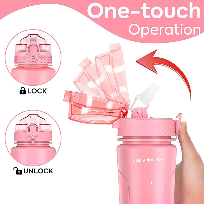 OLDLEY Kids Water Bottle for School with Straw Chug Lid, 15 oz Unbreakable Leak-Proof BPA-Free Motivational Water Bottles with Time Marker for Travel Sports Gym, Pink Purple