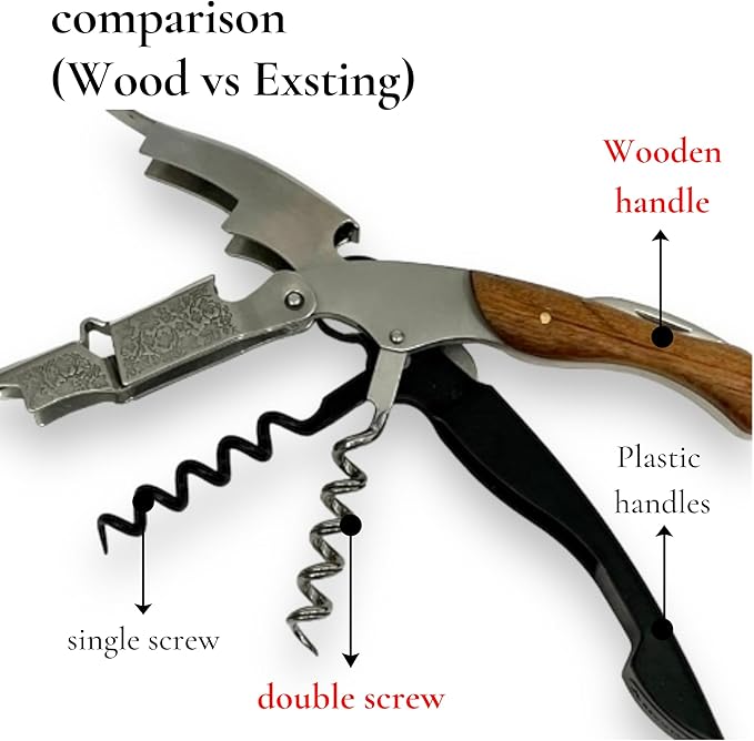 Professional Wood Grapevine Pattern Sommelier Knife With Beige Leather Wine Keyring with Ergonomic Wood Grip, Beer Bottle Opener Foil Cutter Waiters Corkscrew Wine Opener