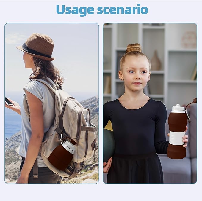 Collapsible Water Bottle, 19.6oz Leakproof Foldable BPA Free Silicone Reusable Sports Bottle, Portable Refillable Bottles with Carabiner, Ideal for Travel Hiking Outdoor Camping Gym (Brown)