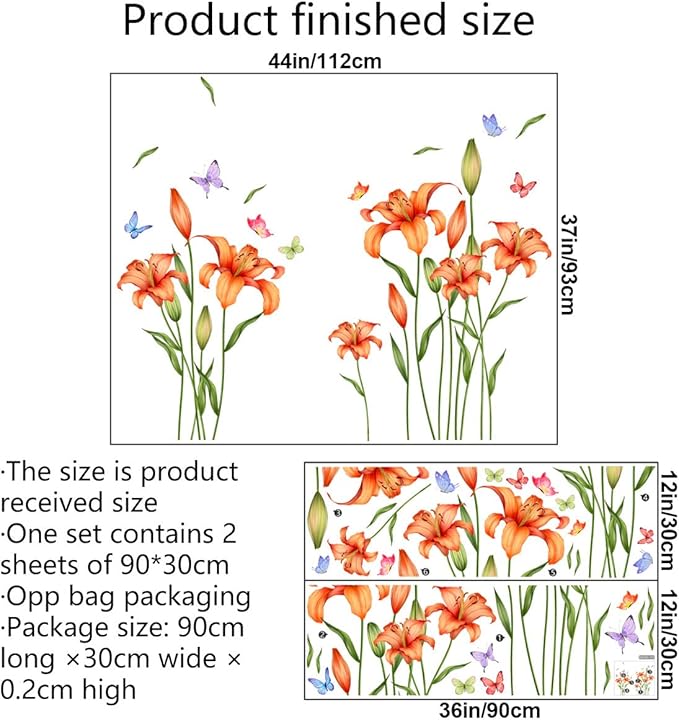 Amaonm Removable DIY Orange Lily Flower wall Sticker Peel and Stick Floral Butterfly Leaf Plant Vine Wall Decals for Kids Girls Boys Bedroom Living Room Nursery Classroom Playroom Office Bathroom Wall Background Decoration