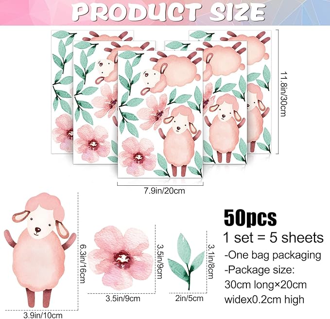 5 Sheets Cartoon Animal Wall Decal Removable DIY Pink Sheep Wall Decal Peel and Stick Flowers and Leaves Wall Stickers Wall Art for Baby Nursery Bedroom Living Room Playroom Decor