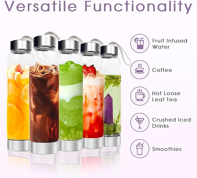 Crystal Water Bottle - Quartz Glass Water Bottle with Changeable Natural Crystal Center,Loose Natural Gem Leaf Tea Infuser Bottle, Gemstone Elixir Infused Glass Water Bottle with Sleeve Protective