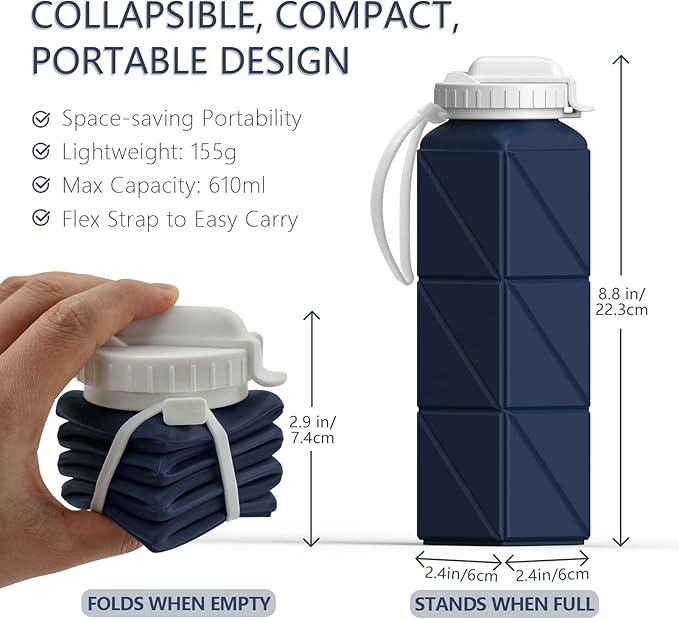 Collapsible Water Bottles, Silicone Foldable Portable Water Bottle 610ml, Lightweight Reusable Leakproof for Travel Camping Hiking Cycling Yoga Sports Outdoor