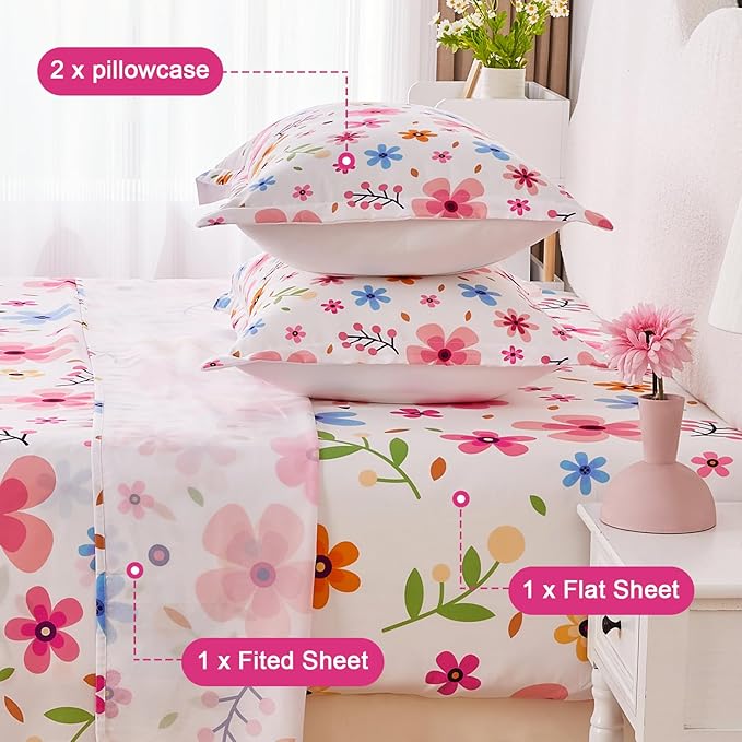 Full Size Bed Sheets Set White Colorful Floral Bed Sheets Girls Cute Microfiber Cooling Sheets 4pcs Kids Full Bed Set Wrinkle Free, 15 inch Deep Pocket Fitted Sheet, Flat Sheet, Pillowcases