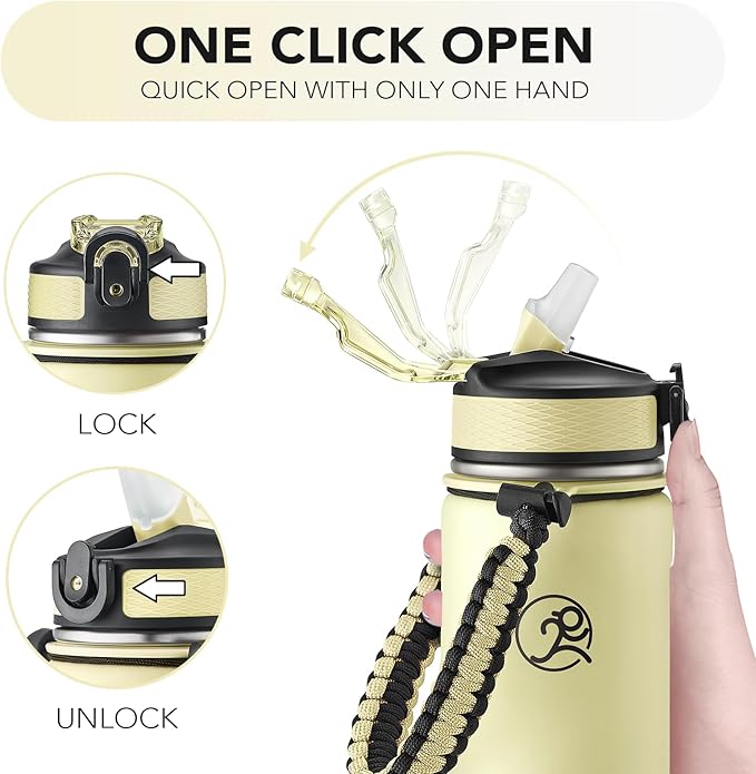 GOSWAG Insulated Sports Water Bottle, 24oz 2 Lids(with Straw/No Straw), Stainless Steel Water Bottles with Paracord Handle, Insulated Thermos with Double-Wall Vacuum Insulation