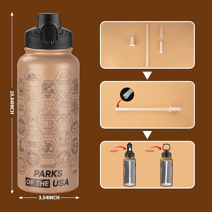 National Parks Water Bottle with Stickers and Straw,32oz Double Wall Vacuum Wide Mouth Insulated Water Bottle for Travel,BPA-free and Leak-proof (32oz,Mocha)