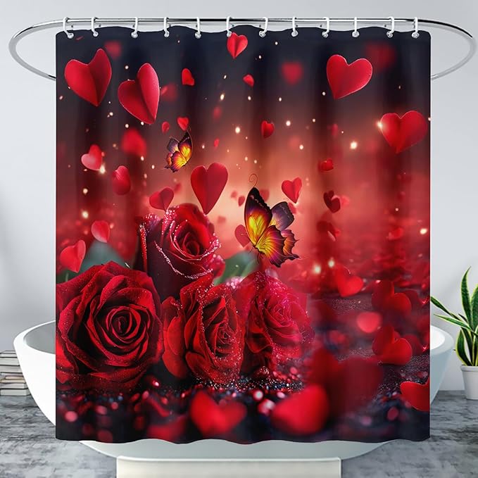 AILONEN 3D Rose Shower Curtain for Bathroom, Red Rose Hearts Print Bath Curtain,Romantic Rose Flower Shower Curtain Decoration Waterproof with 12 Plastic Hooks, 72" W*84" H