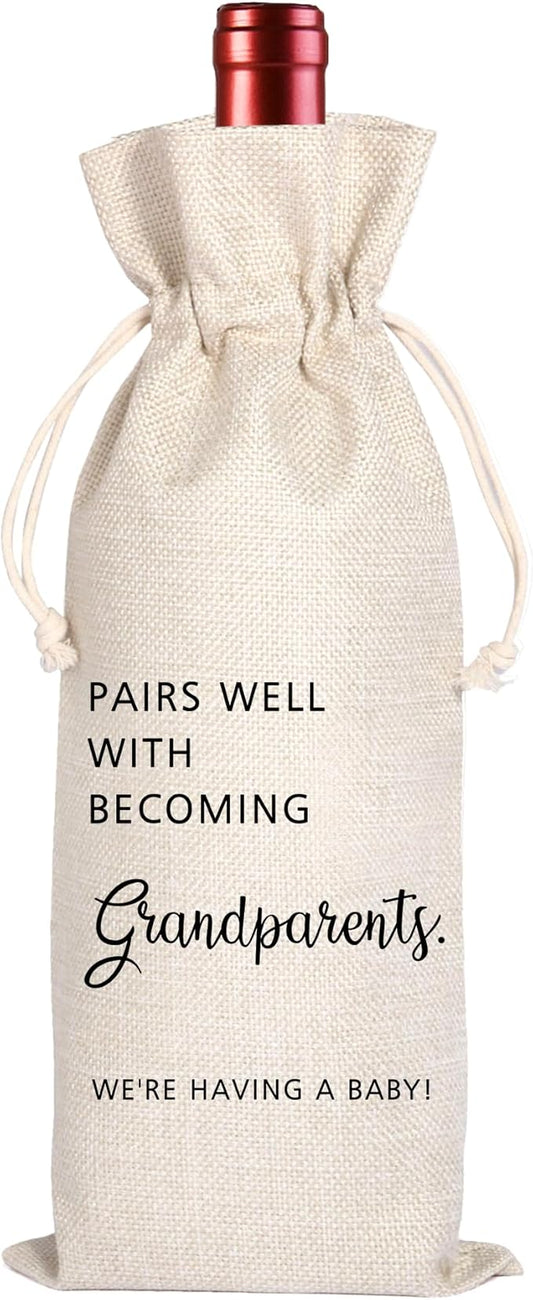 New Grandparents | Grandparents Wine Themed Announcement | Gandma Grandpa Wine Bag | Grandparents Gift | Pairs Well With Becoming Grandparents Congratulations 11WB43