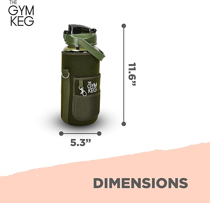 THE GYM KEG Water Bottle with Carrier - Sweat-Proof and Durable Silicon Bottle with Neoprene Sleeve - 74 oz Capacity - Hands-Free Storage Pockets - Water Bottle with Sleeve and Strap - Forest Green