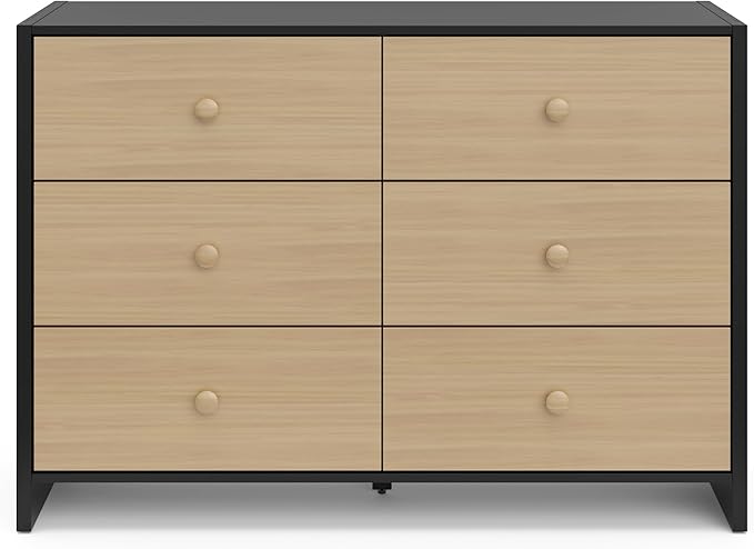 Storkcraft Calabasas 6 Drawer Dresser (Black with Driftwood) - GREENGUARD Gold Certified, 6 Drawer Dresser with Interlocking Drawer System, Dresser Drawer Organizer for Kids' Bedroom