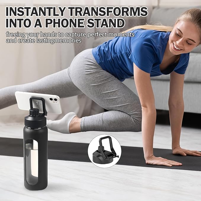 Glass Water Bottles with Straw -24oz- Water Bottle Phone Holder for Gym Sports Water Bottles with Silicone Sleeve Glass Drinking Bottles 2 Lids - Spout & Bamboo Straw Lid(Black)