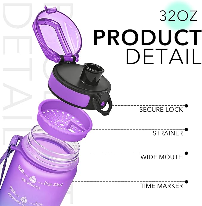 GOSWAG 32oz Motivational Water Bottles with Time Marker and Fruit Strainer, Sports Water Bottle with Times to Drink, Leakproof, Reusable Plastic Bottle with Strap no Straw for Gym, School