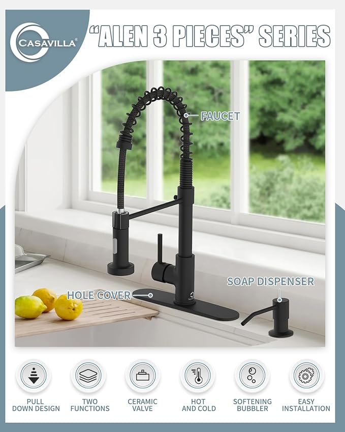Kitchen Faucet Set, Black Kitchen Sink Faucets with Pull Down Sprayer and Soap Dispenser, Single Handle Stainless Steel Faucets for Kitchen Sinks, Farmhouse Kitchen Faucets with Deck Plate