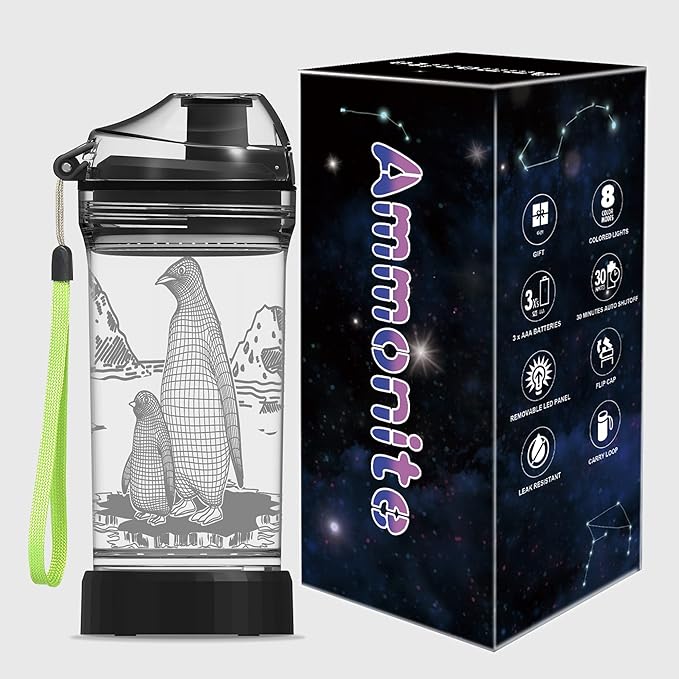 Ammonite Kids Penguin Water Bottle with 3D Glowing LED Light - 14 OZ Tritan BPA Free - Creative Ideal Travel Cup Gift for School Kid Boy Child Holiday Camping Picnic