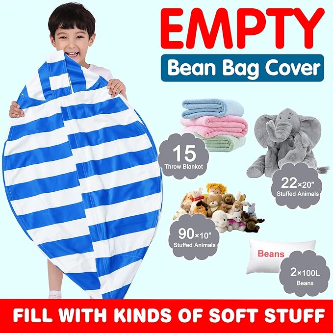 Lukeight Stuffed Animal Storage Bean Bag Chair Cover for Kids, Zipper Beanbag Chair Cover for Organizing Toddler and Kids' Rooms Plush Toys (Blue+White Velvet, X-Large)