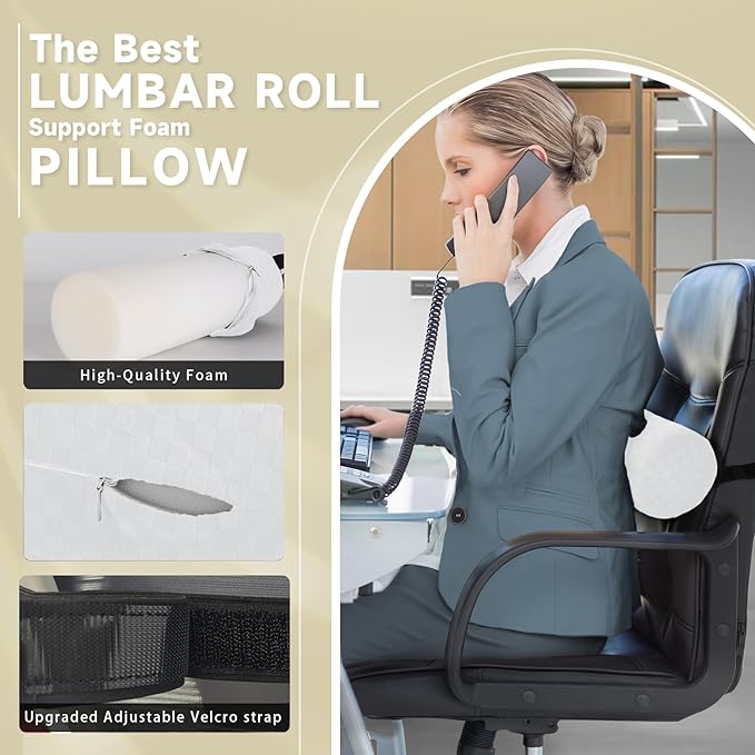 Lumbar Roll Pillow for Lower Back, Lumbar Support Foam Roll Cushion with Pillowcase and Upgraded Strap for Office, Chair, Car, Seat Pain Relief & Improving Posture (White grid, Long-15*4.3'')