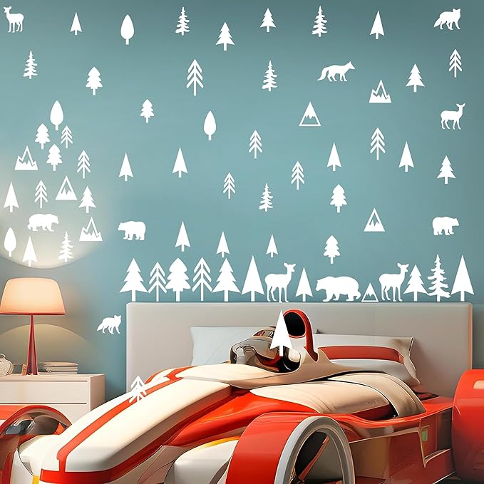 Woodland Animal Wall Decals Vinyl Pine Tree Wall Stickers Forest Animal Wall Stickers Mountain Small Tree Animals Deer Bear Wolf Woodland Wall Decals for Nursery Bedroom Kids Room Decor