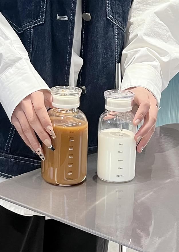 Glass Water Bottles With Double Lid,16OZ Clear Water Bottle With Time Marker,Water Bottle With Straw, Circle Water Bottle For Milk,Juice, Coffee(550ml,White)