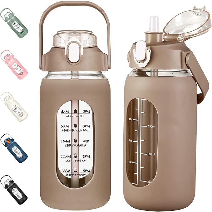 kytffu 42oz Glass Water Bottles with Straw, Motivational Glass Bottle with Silicone Sleeve and Time Marker, Leakproof Large Glass Water Jug for Gym Home Office,Amber