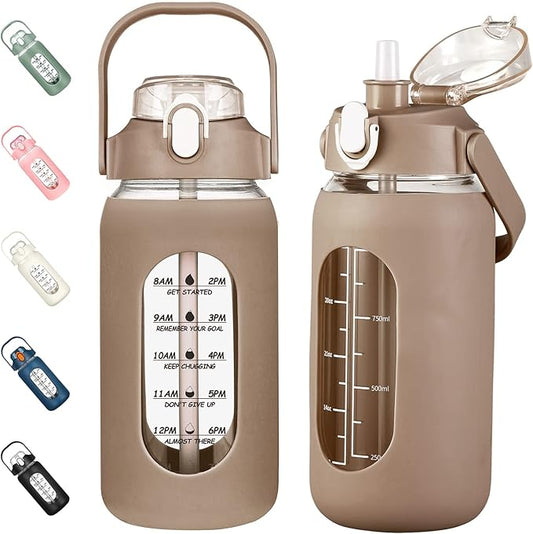 kytffu 42oz Glass Water Bottles with Straw, Motivational Glass Bottle with Silicone Sleeve and Time Marker, Leakproof Large Glass Water Jug for Gym Home Office,Amber