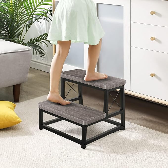 Wooden Step Stool for Adults, 2 Tier Heavy Duty Step Stool for High Bed, Small Step Stool for Bedroom, Living Room, Bathroom and Kitchen, Hold Up to 500 LBS