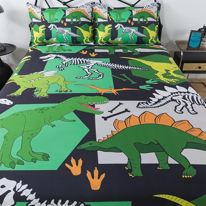qjmiaofang Dinosaur Sheets Full Size for Boys Dinosaur Sheet Set 4Pieces Ancient Dinosaur Flat Sheet Set T-Rex Flat Sheet Animals Printed Dinosaur Bed Sheet 1 Fitted Sheet 1 Flat Sheet 2 Pillowcases