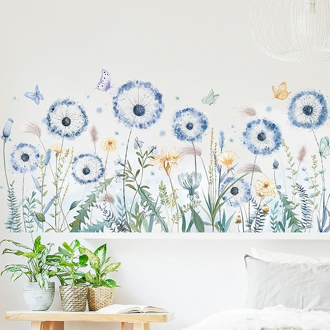 Large Blue Dandelion Wall Stickers Attractive Flying Flower Butterfly Wall Decals Bedroom Office Bathroom Living Room Floral Wall Decals Removable Wall Art Decoration Peel and Stick Room Wall Decor
