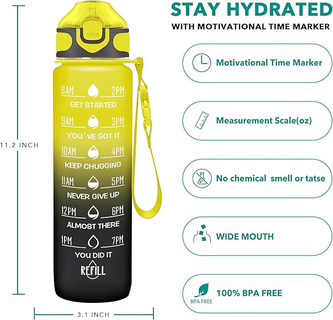 Enerbone 32 oz Drinking Water Bottle with Times to Drink and Straw, Motivational with Carrying Strap, Leakproof BPA & Toxic Free, Ensure You Drink Enough Water for Fitness Gym Outdoor
