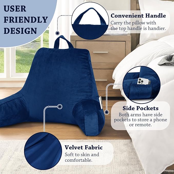 LOVTEX Reading Pillow with Removable Cover, Back Pillow for Sitting Up in Bed with Arms and Pockets, Bed Rest Pillow Adult, 20 x 15 Inches(Navy Blue)