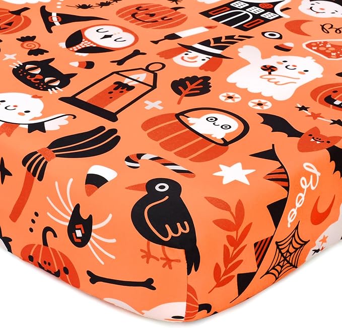 JISEN Halloween Crib Sheet Pumpkins Fitted Crib Sheet for Boys Girls Crib Mattress Cover Baby Sheet for Standard Crib and Toddler Mattress Soft Breathable Baby Bed Sheet for Neutral 52x28 Inch Ghosts