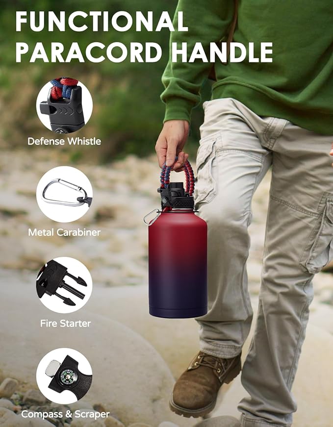 Half Gallon Water Bottle 64 oz with Straw - 1/2 Gallon Water Bottle with Paracord Handle, Bottle Sleeve with Strap, Keep Cold 48H & Hot 24H, Stainless Steel Half Gallon Water Jug for Sports Gym Work