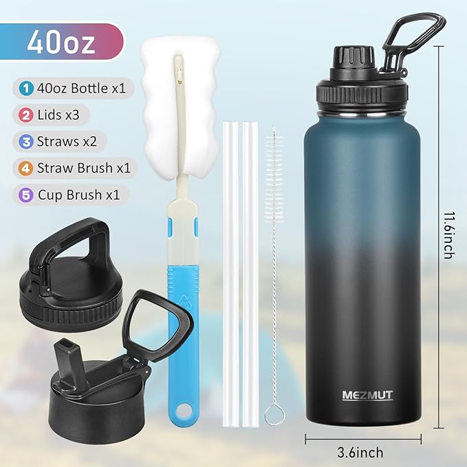 Insulated Water Bottle with Straw&3 Lids 40oz Stainless Steel Water Bottles Metal Water Bottle Double Walled Vacuum Insulated Bottles Thermos Leak-Proof Travel Thermal (Gradient Blue Black)