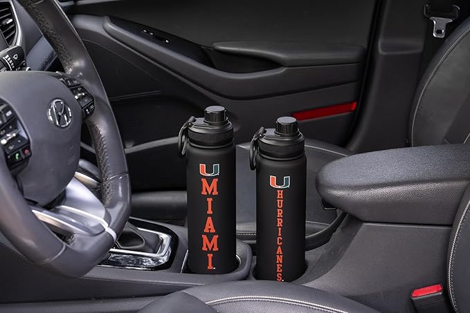 University of Miami Water Bottle - Black Double Walled Stainless Steel 24 oz Keeps Drinks Cold or Hot
