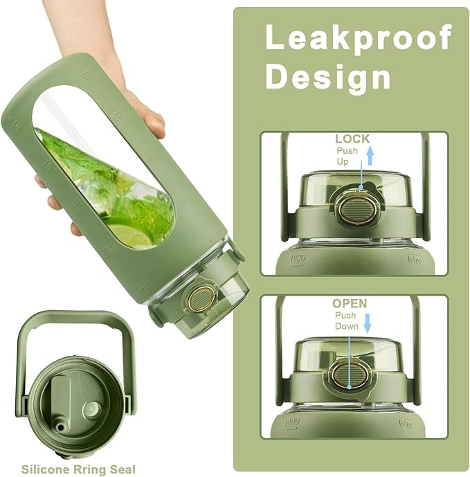 64 Oz Glass Water Bottle with Straw and Lid, Sports Motivational Water Bottle, Leakproof Water Jug Fitness with Silicone Sleeve for Gym, Green