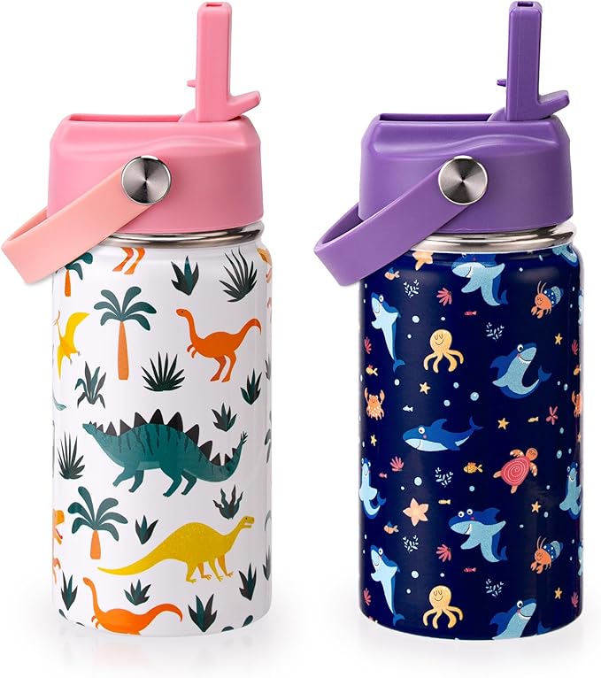 Kids Insulated Water Bottle, 2 Pack 12oz Shark & Dinosaur Water Bottles Bulk with Flip Straw & Big Handle, Gifts for Kids Girls to School Travel Sports, Hands Wash Only, Purple & Pink