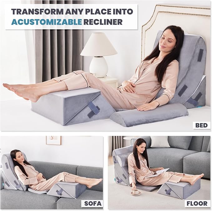 BDEUS 6pcs Orthopedic Bed Wedge Memory Foam Pillow Set for Sleeping Post Surgery Pain Relief Acid Reflux Snug Stop Adjustable Body Positioners Sitting Up in Bed