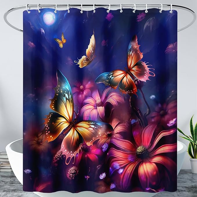 AILONEN Beautiful Butterfly Shower Curtain for Kids Girls Boys, Colorful Butterfly with Flower Bath Curtains for Bathroom,Boho Style Natural Plants Shower Curtain Set with Hooks,72" W*78" H