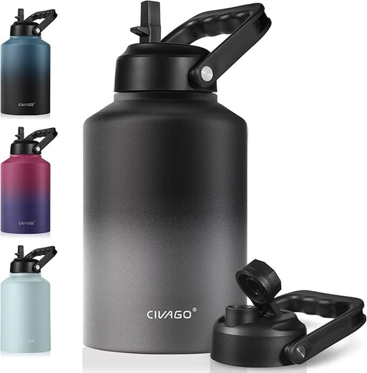 CIVAGO Gallon Insulated Water Bottle Jug with Straw, 128 oz Large Stainless Steel Sports Metal Water Canteen with Handle, Big Thermal Water Cup Mug with 2 Lids for Camping & Fishing, Black Gray