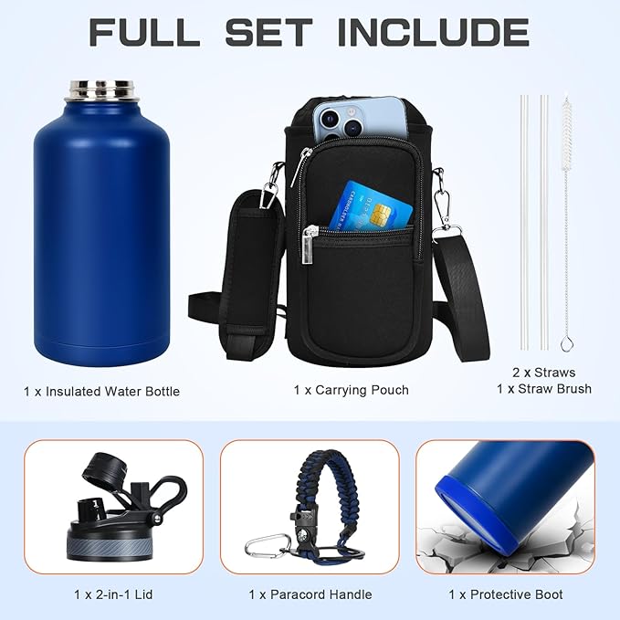 Insulated Water Bottle 64 oz, Half Gallon Water Jug Cold 48H, BPA Free Stainless Steel Bottles with Straw/Chug 2-in-1 Lid, Bag, Paracord Handle, Silicone Boot, Sports Gym School Metal Flask