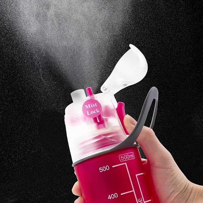 Misting Water Bottle, Spray Mist Sports Bottle for Outdoor Sport Hydration and Cooling Down, BPA-Free Misting Water Bottle with Unique Mist Lock Design (Red-18oz)