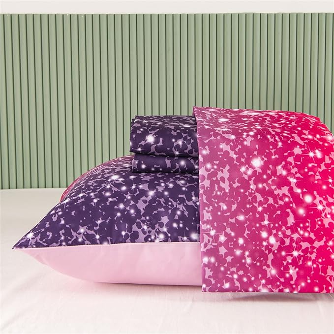 RYNGHIPY 3D Glitter Bed Sheet Set for Kids Teens Girls Women, Pink and Purple Rainbow Fitted Sheet & Pillowcase, Glitter Print Bedding Collections (Purple Pink,Full)