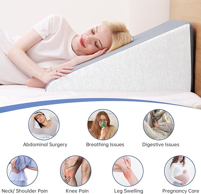 QUINEEHOM Bed Wedge Pillow for Sleeping, 12 Inch Triangle Bed Wedge for Adults, Memory Foam Wedge with Washable Cover, Hypoallergenic 30 Degree Pillow for Acid Reflux, Knee, Snoring, White&Grey