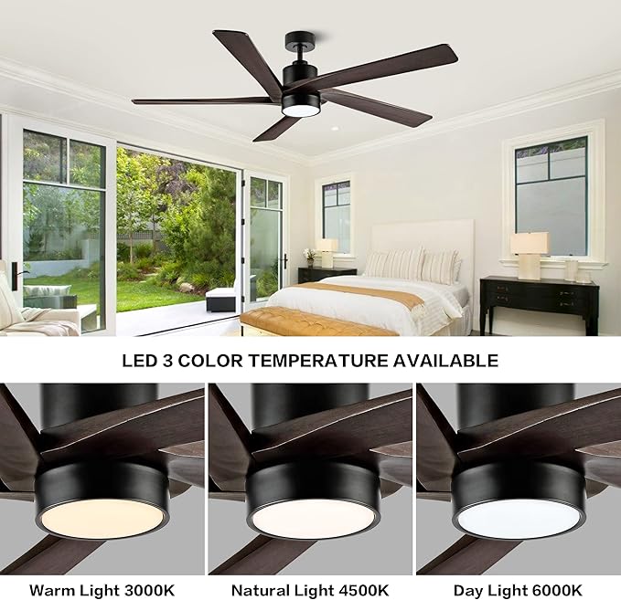 WINGBO 54 Inch DC Ceiling Fan with Lights and Remote Control, 5 Reversible Carved Wood Blades, 6-Speed Noiseless DC Motor, Modern Ceiling Fan in Matte Black Finish with Walnut Blades, ETL Listed
