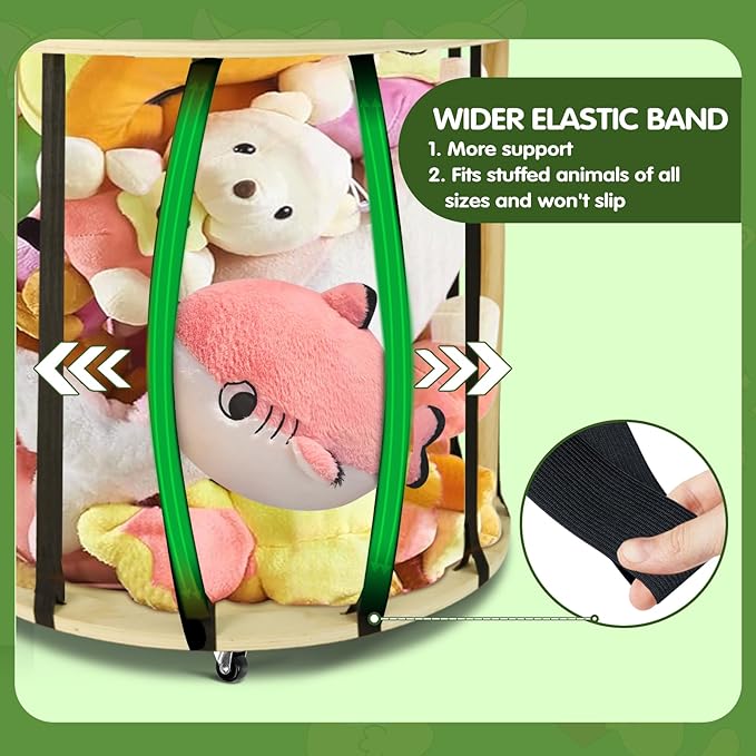 Stuffed Animal Storage, Wood Stuffed Animals Zoo Storage Cage Organizer with Wider Elastic Band and 360° Wheels,Vertical Animals Toy Organizer for Nursery Playroom and Bedroom